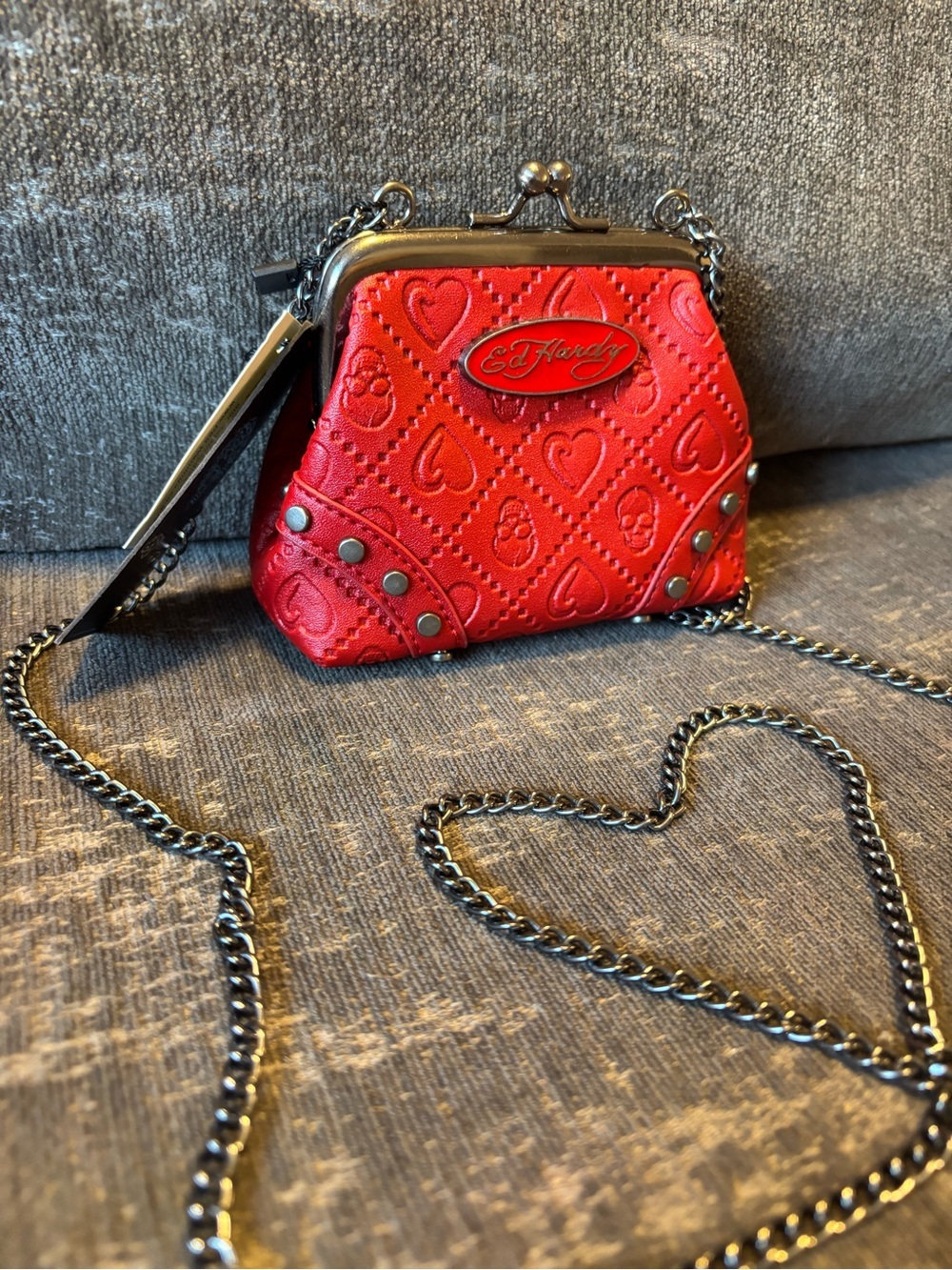Ed Hardy Red Quilted Kiss-Lock Crossbody Coin Purse